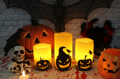 Pumpkin Halloween Flameless Candles Battery Operated with Timer | LED Pillar Candles Flickering, Orange Real Wax Spooky Theme Decals, Halloween Indoor Decoration, 3"D X 4"5"6"H, 3 Pack