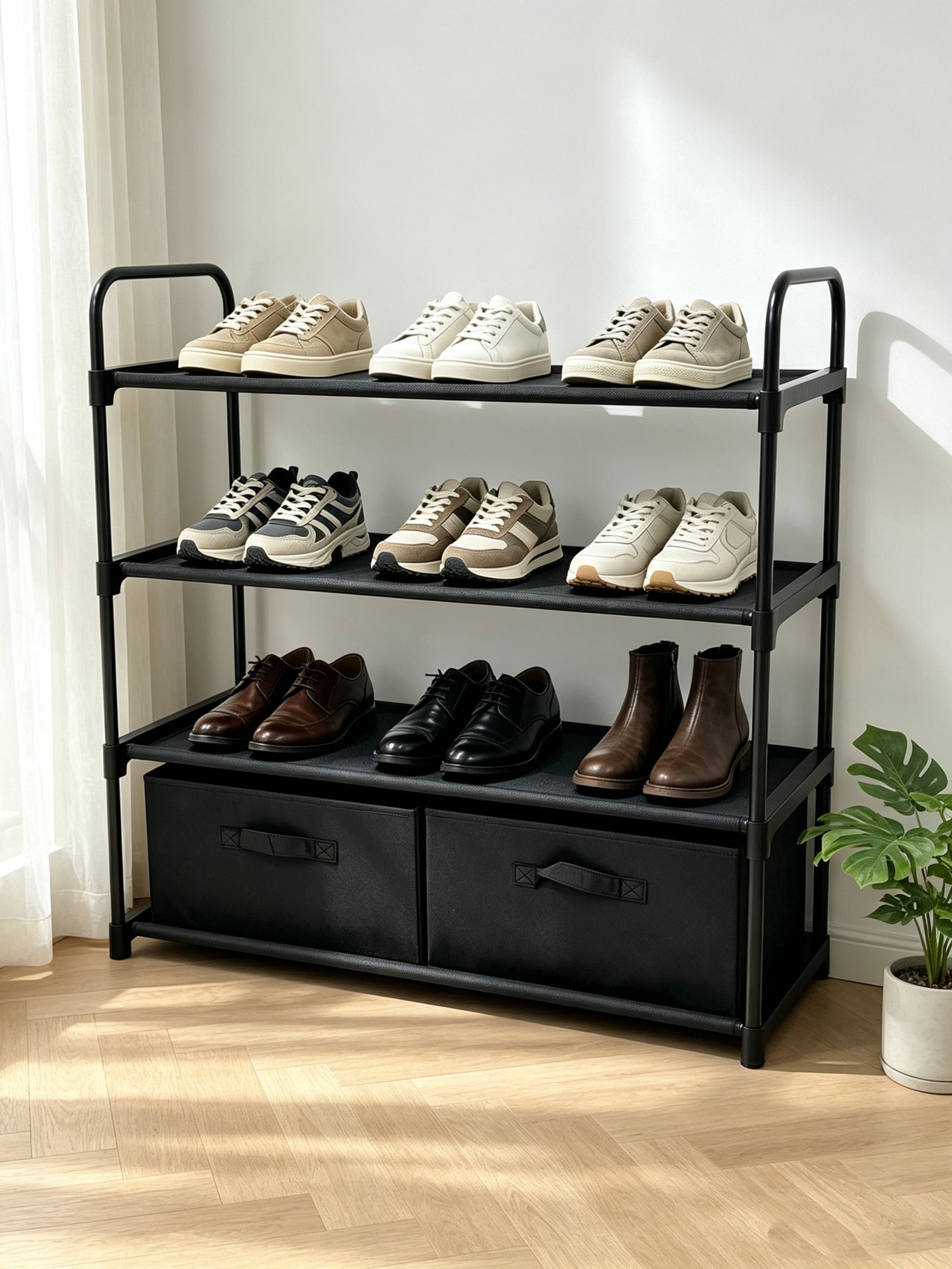 4-Shelf Closet Organizer with 2 Fabric Bins, Black, Metal Frame
