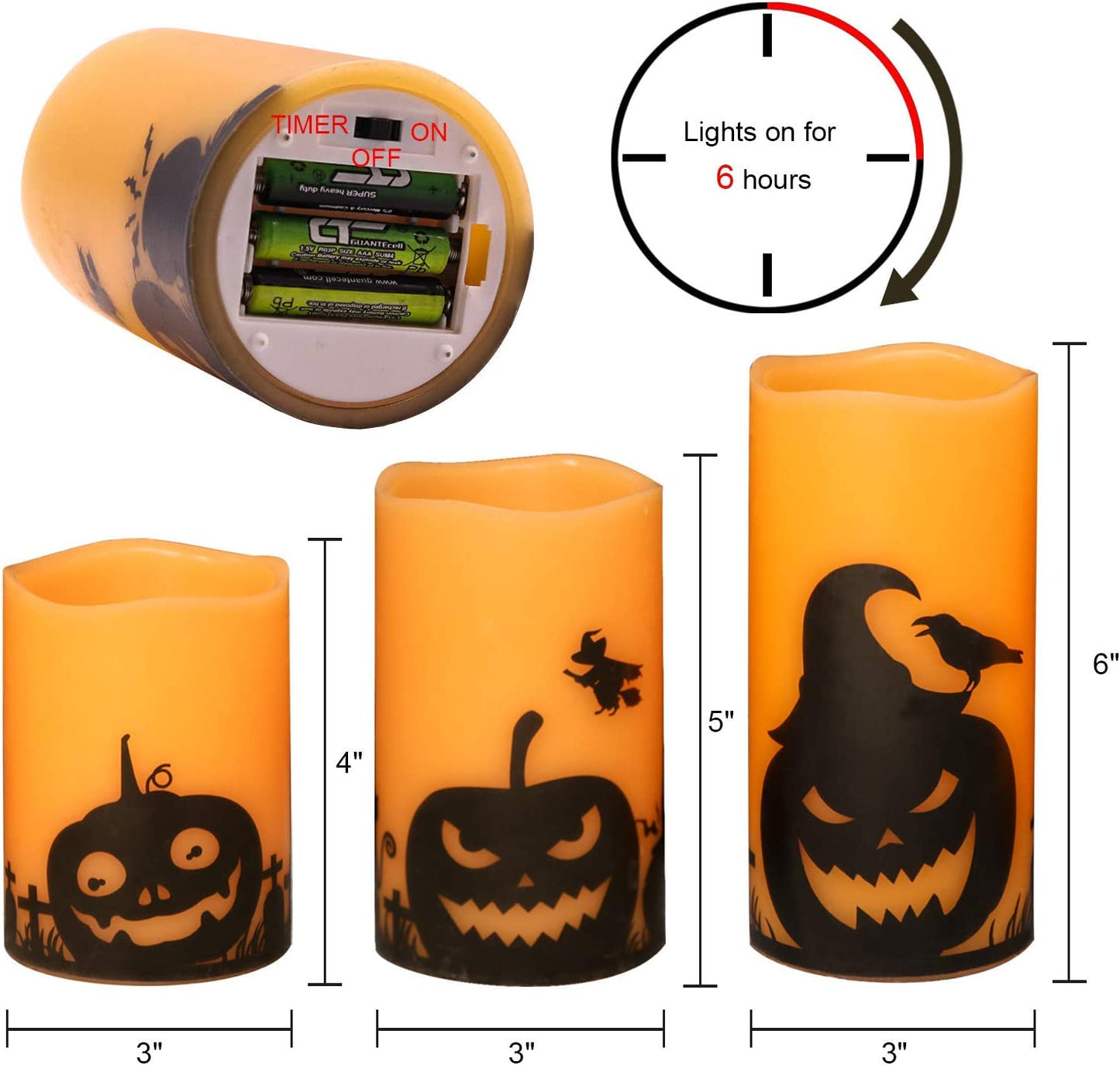 Pumpkin Halloween Flameless Candles Battery Operated with Timer | LED Pillar Candles Flickering, Orange Real Wax Spooky Theme Decals, Halloween Indoor Decoration, 3"D X 4"5"6"H, 3 Pack