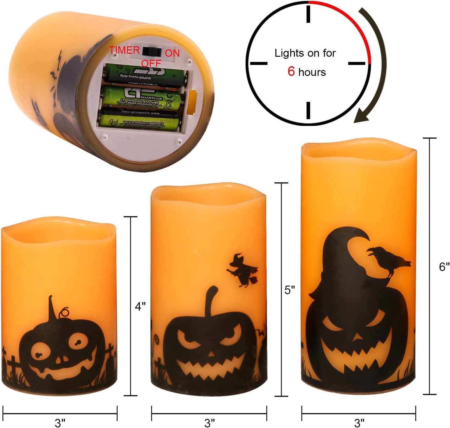 Pumpkin Halloween Flameless Candles Battery Operated with Timer | LED Pillar Candles Flickering, Orange Real Wax Spooky Theme Decals, Halloween Indoor Decoration, 3"D X 4"5"6"H, 3 Pack