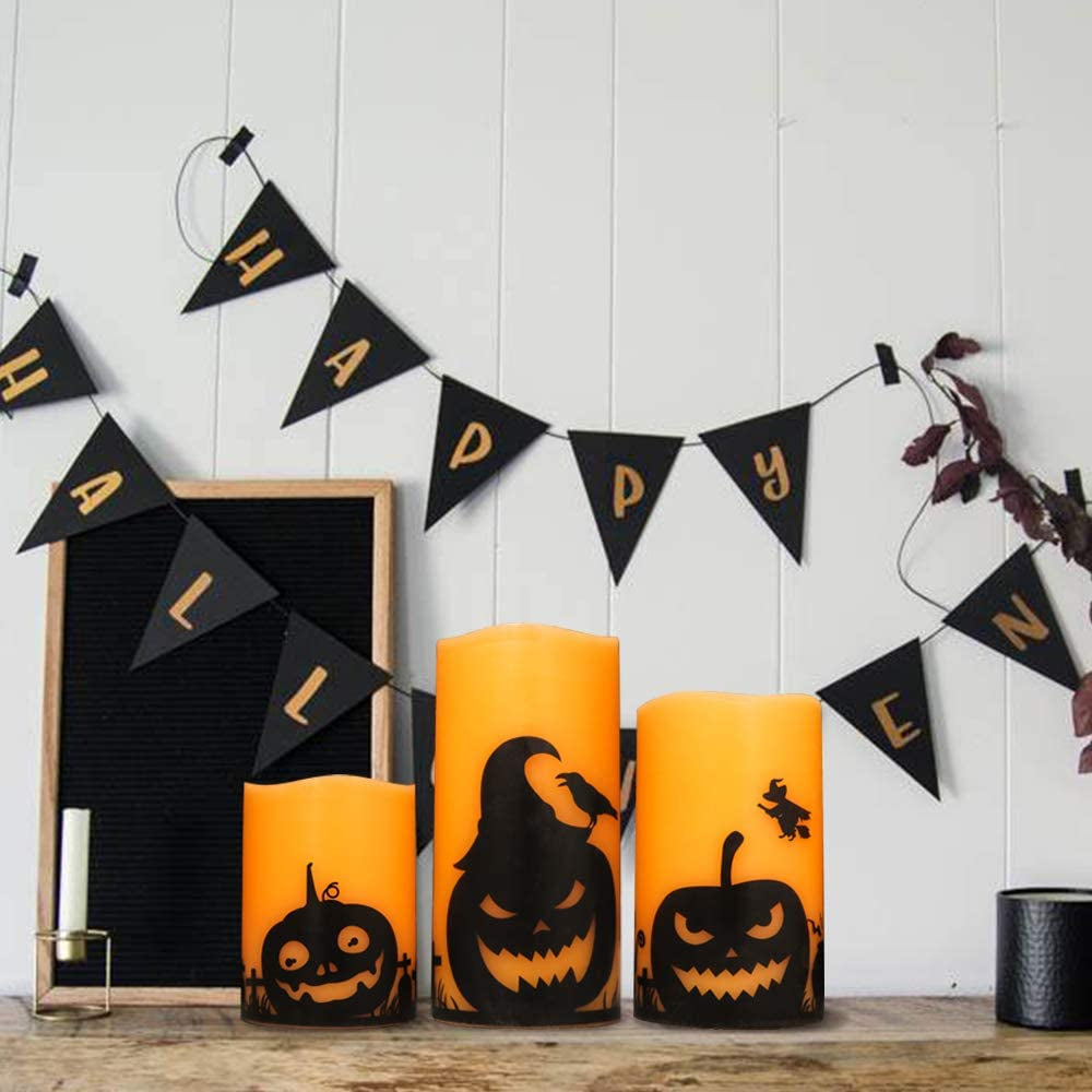 Pumpkin Halloween Flameless Candles Battery Operated with Timer | LED Pillar Candles Flickering, Orange Real Wax Spooky Theme Decals, Halloween Indoor Decoration, 3"D X 4"5"6"H, 3 Pack
