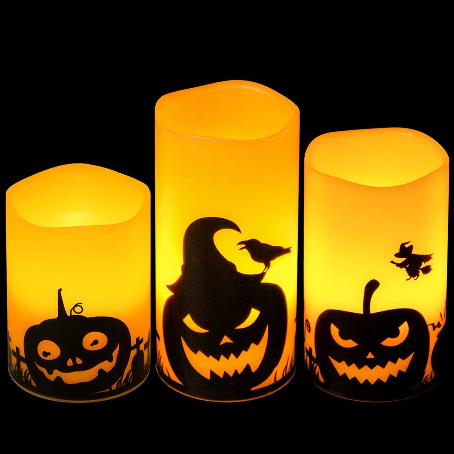Pumpkin Halloween Flameless Candles Battery Operated with Timer | LED Pillar Candles Flickering, Orange Real Wax Spooky Theme Decals, Halloween Indoor Decoration, 3"D X 4"5"6"H, 3 Pack