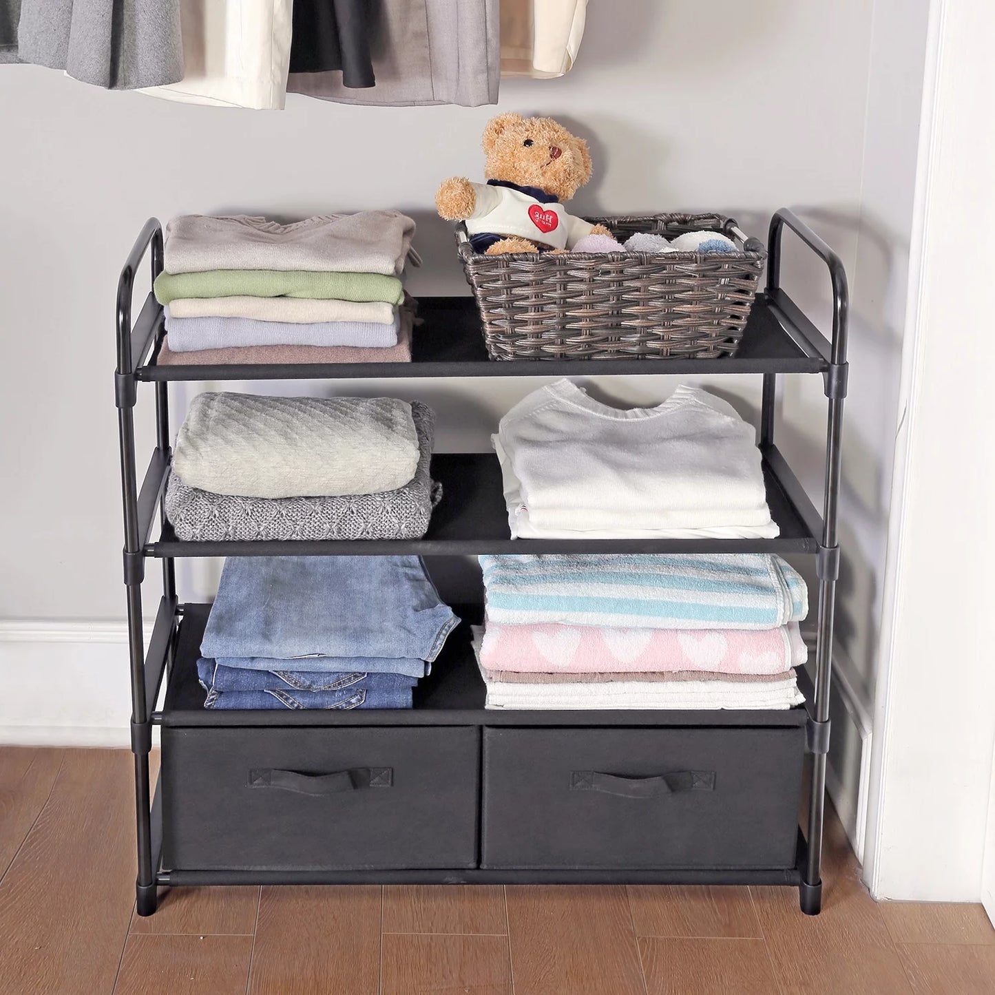 4-Shelf Closet Organizer with 2 Fabric Bins, Black, Metal Frame
