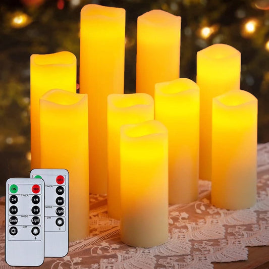 Flameless Pillar Candles with Remote,9 Pack Waterproof Outdoor Large LED Fake Candles Battery Operated Electric Votive Flicker Lights,Ivory
