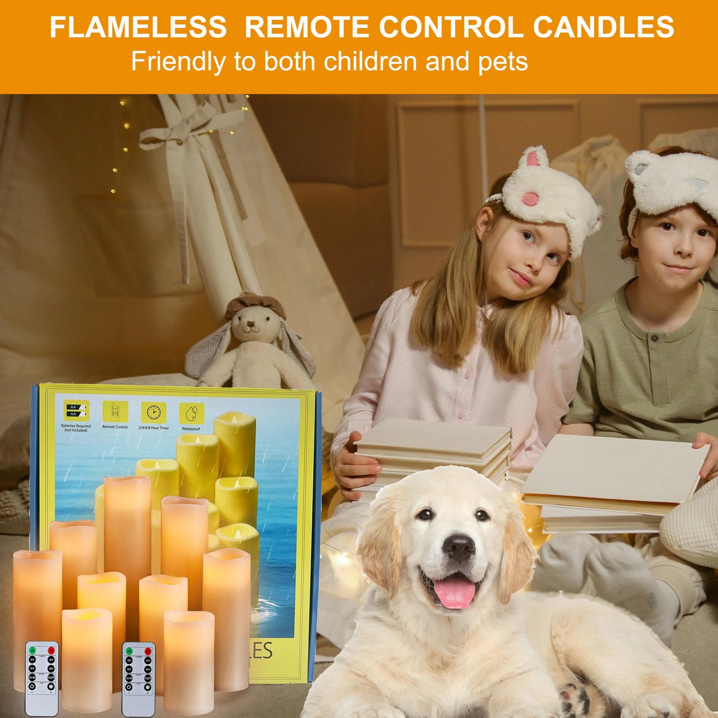Flameless Pillar Candles with Remote,9 Pack Waterproof Outdoor Large LED Fake Candles Battery Operated Electric Votive Flicker Lights,Ivory