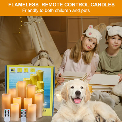 Flameless Pillar Candles with Remote,9 Pack Waterproof Outdoor Large LED Fake Candles Battery Operated Electric Votive Flicker Lights,Ivory