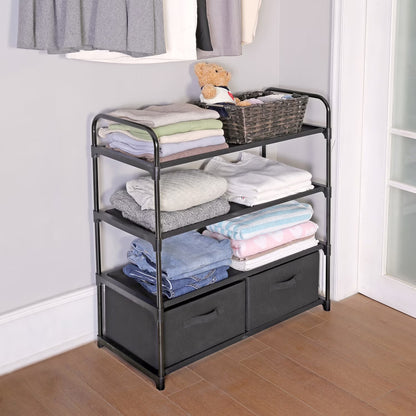 4-Shelf Closet Organizer with 2 Fabric Bins, Black, Metal Frame