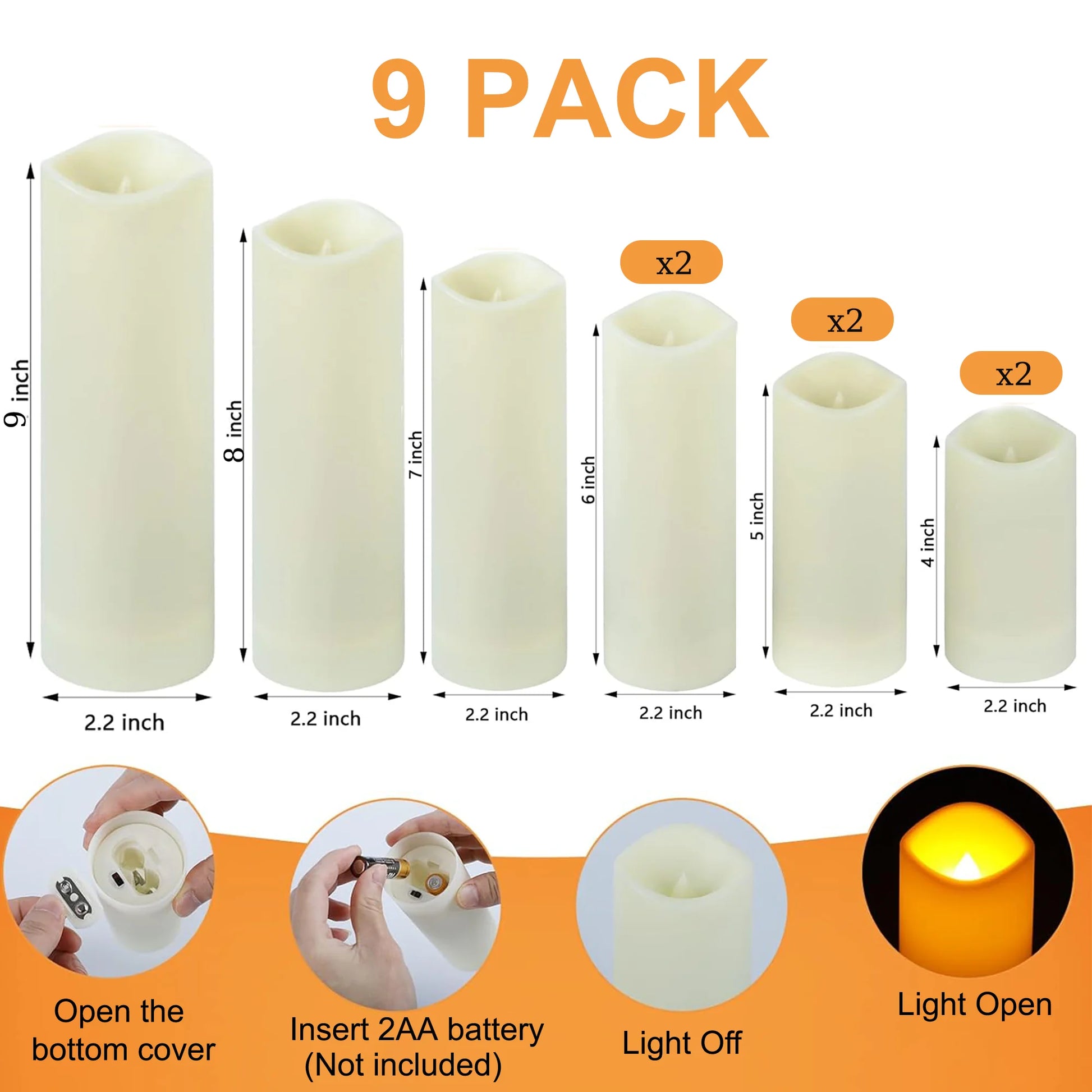 Flameless Pillar Candles with Remote,9 Pack Waterproof Outdoor Large LED Fake Candles Battery Operated Electric Votive Flicker Lights,Ivory