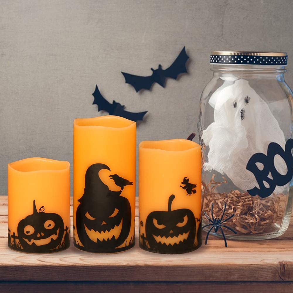 Pumpkin Halloween Flameless Candles Battery Operated with Timer | LED Pillar Candles Flickering, Orange Real Wax Spooky Theme Decals, Halloween Indoor Decoration, 3"D X 4"5"6"H, 3 Pack