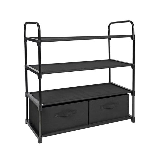 4-Shelf Closet Organizer with 2 Fabric Bins, Black, Metal Frame