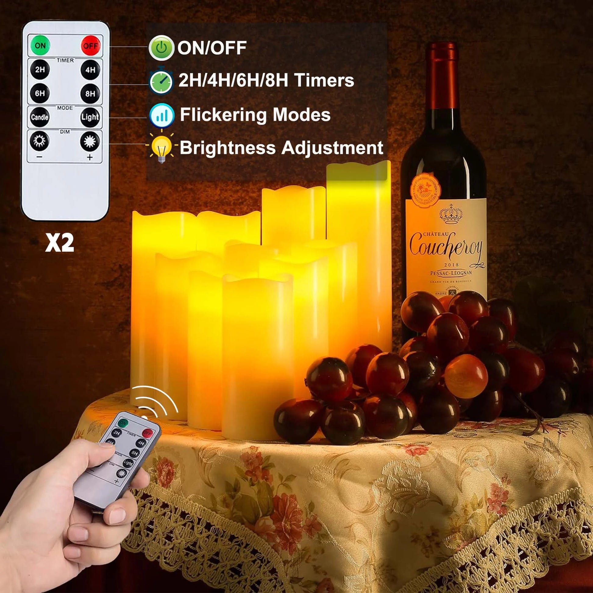 Flameless Pillar Candles with Remote,9 Pack Waterproof Outdoor Large LED Fake Candles Battery Operated Electric Votive Flicker Lights,Ivory
