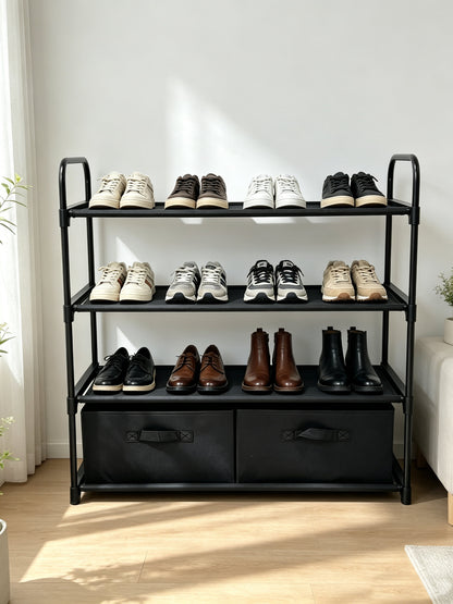 4-Shelf Closet Organizer with 2 Fabric Bins, Black, Metal Frame