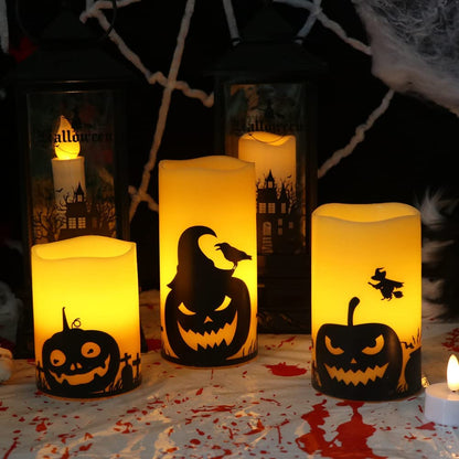 Pumpkin Halloween Flameless Candles Battery Operated with Timer | LED Pillar Candles Flickering, Orange Real Wax Spooky Theme Decals, Halloween Indoor Decoration, 3"D X 4"5"6"H, 3 Pack