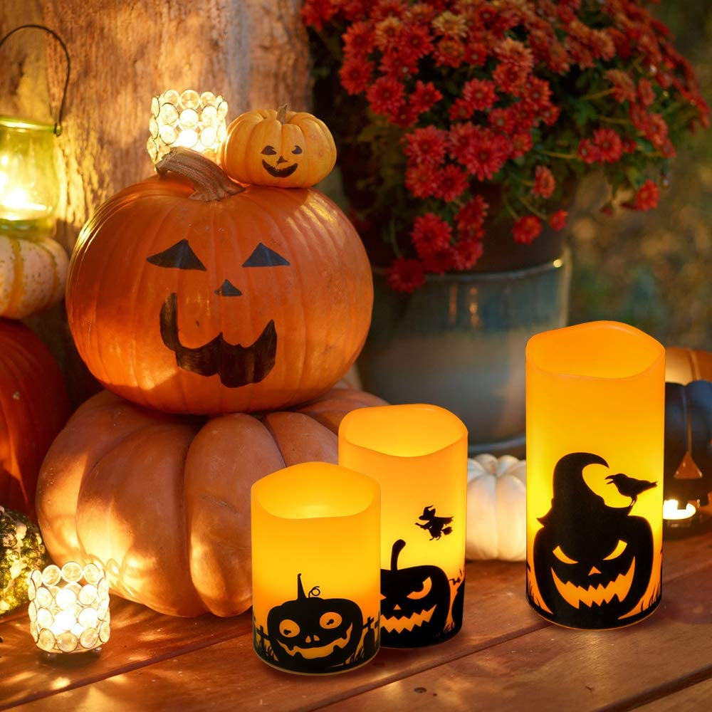 Pumpkin Halloween Flameless Candles Battery Operated with Timer | LED Pillar Candles Flickering, Orange Real Wax Spooky Theme Decals, Halloween Indoor Decoration, 3"D X 4"5"6"H, 3 Pack