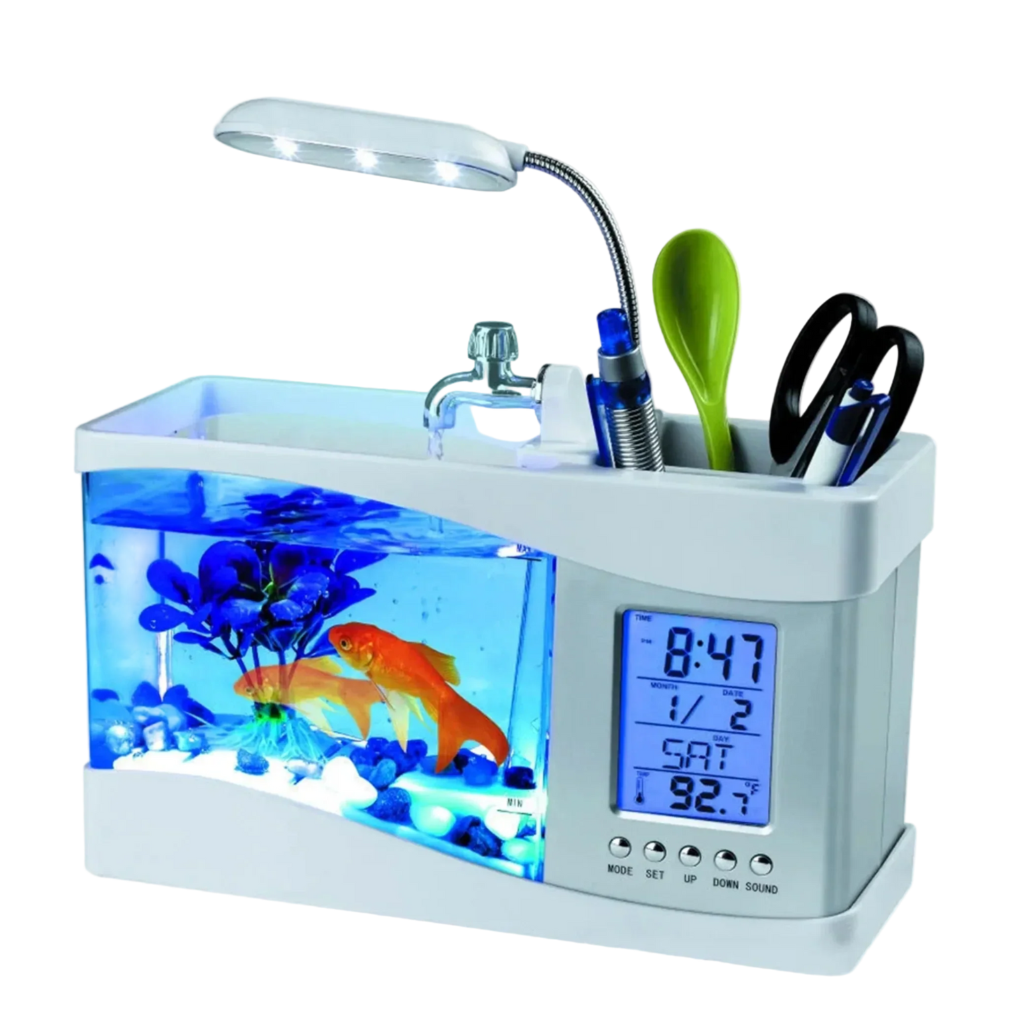 Frutiger Aero Office Table Lamp with Clock, Mini Goldfish-Bowl and Pen Holder