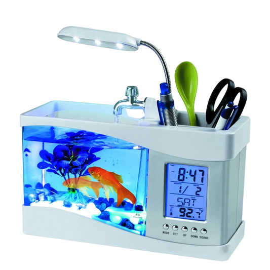 Frutiger Aero Office Table Lamp with Clock, Mini Goldfish-Bowl and Pen Holder
