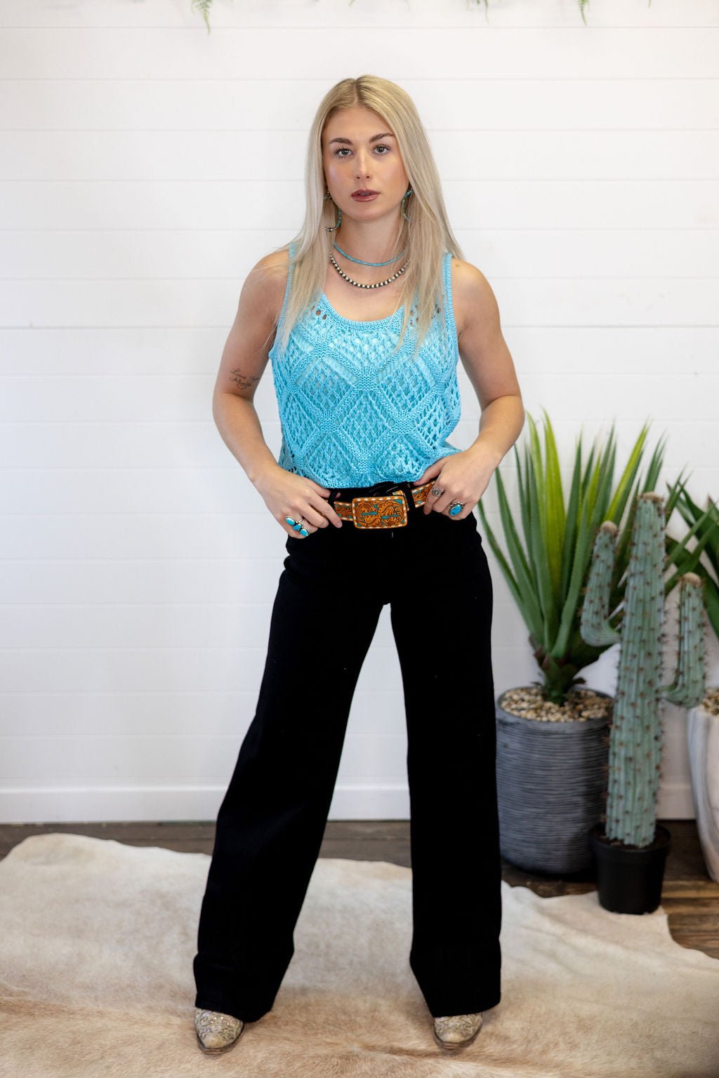HYFVE Open Stitch Scoop Neck Sleeveless Western Layering Top — Refined Open Knit Character