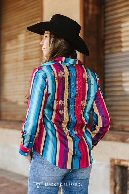 LUCKY & BLESSED Serape Pearl Snap Embroidered Western Top — Red & Turquoise Multi-Color Stripe Cowgirl Statement